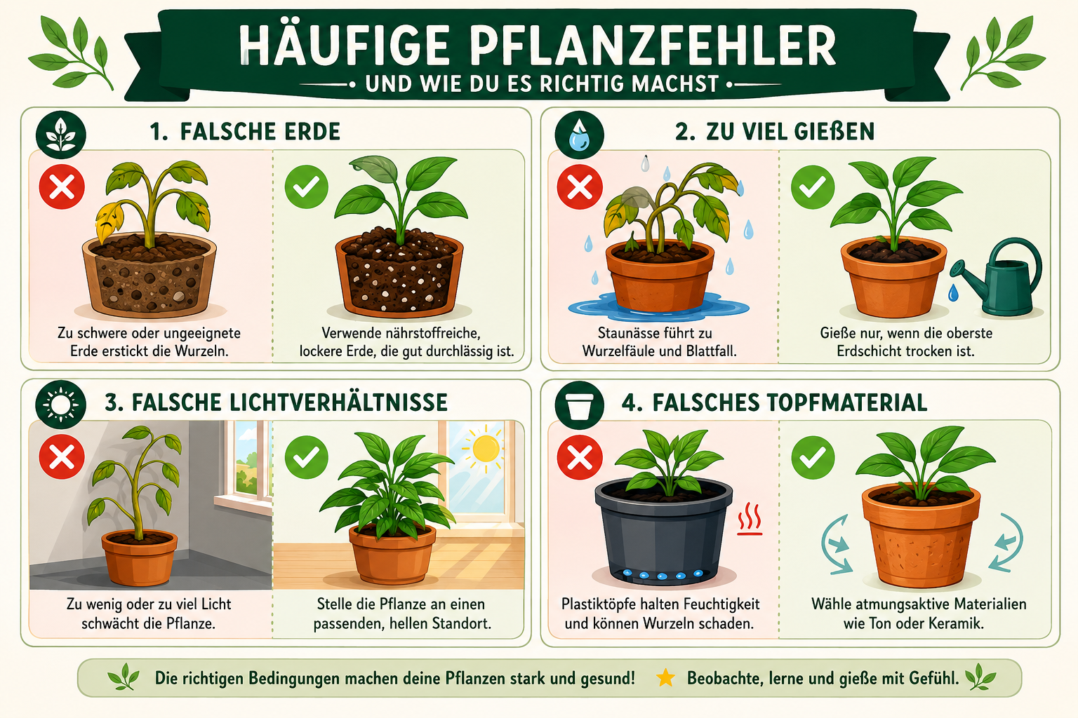 FAQ-style illustrated card grid showing common planting mistakes: wrong soil type, overwatering, wrong sun exposure, wrong