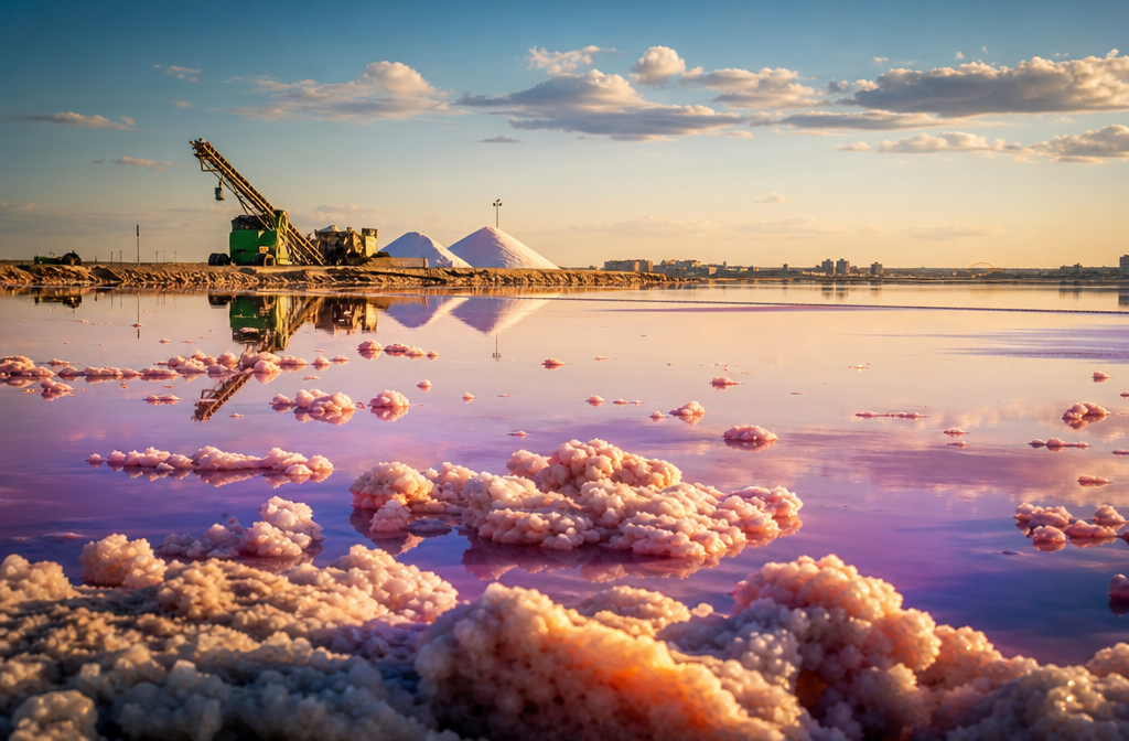 Detailed () showing the famous Laguna Rosa pink salt lake of Torrevieja from ground level perspective, with crystallized