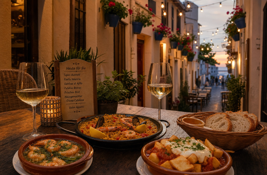 () showing a traditional Spanish tapas spread on a rustic wooden table at an outdoor restaurant terrace in Torrevieja,