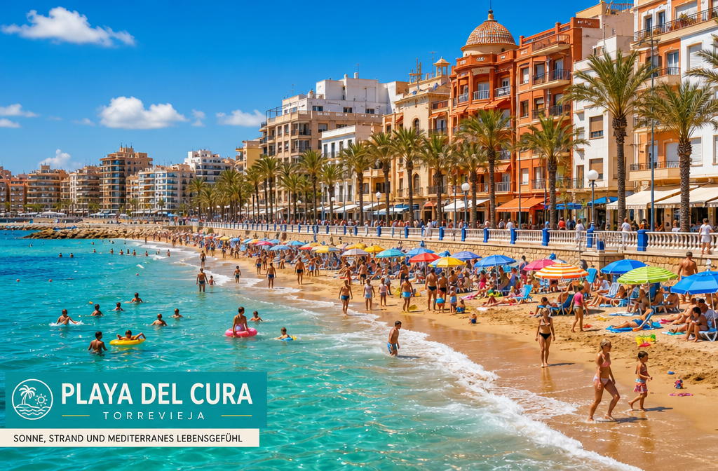 () showing a vibrant beach scene at Playa del Cura in Torrevieja, Mediterranean turquoise water with gentle waves, golden