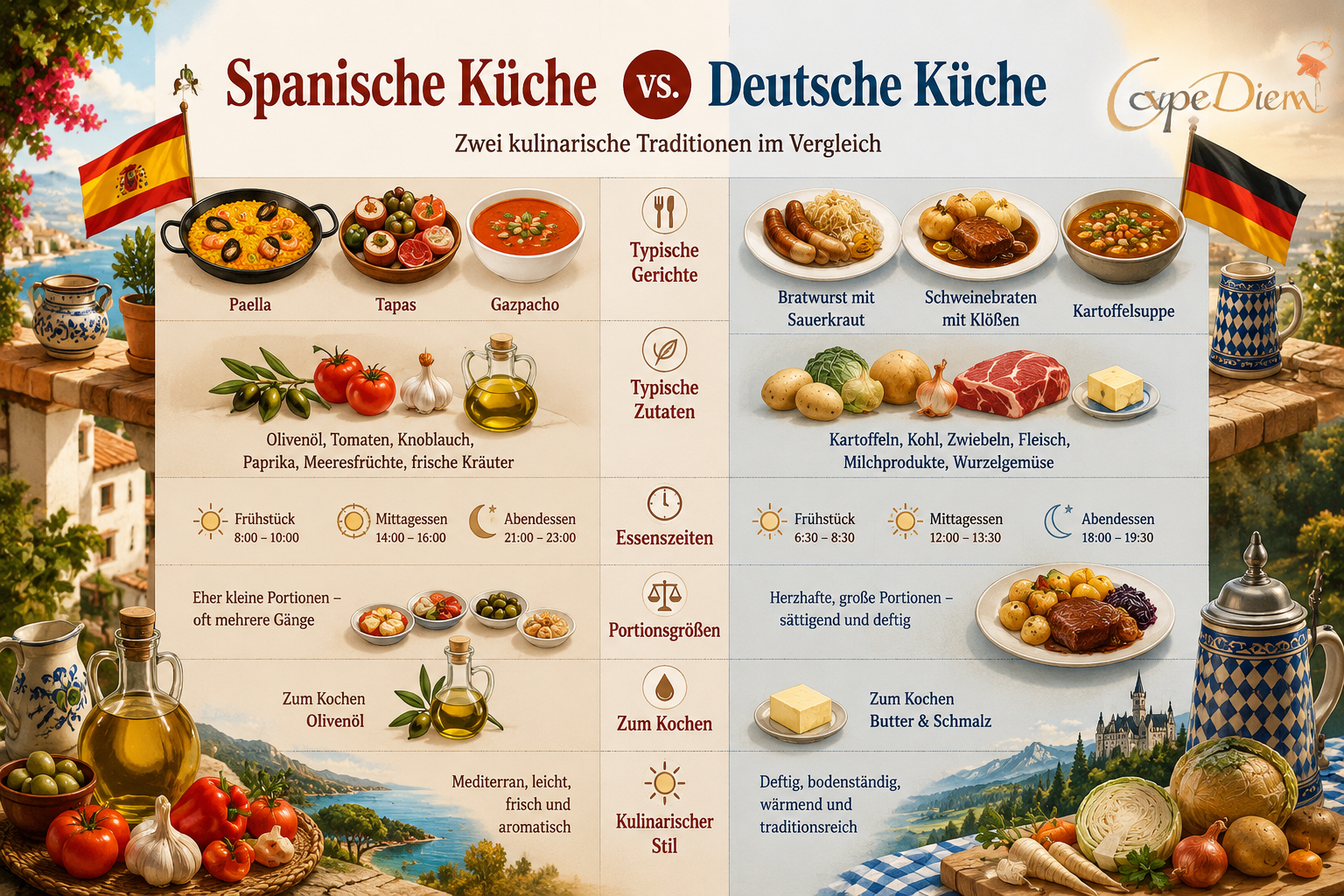 Colorful illustrated infographic comparing Spanish vs German cuisine: side-by-side icons of typical dishes, ingredients,