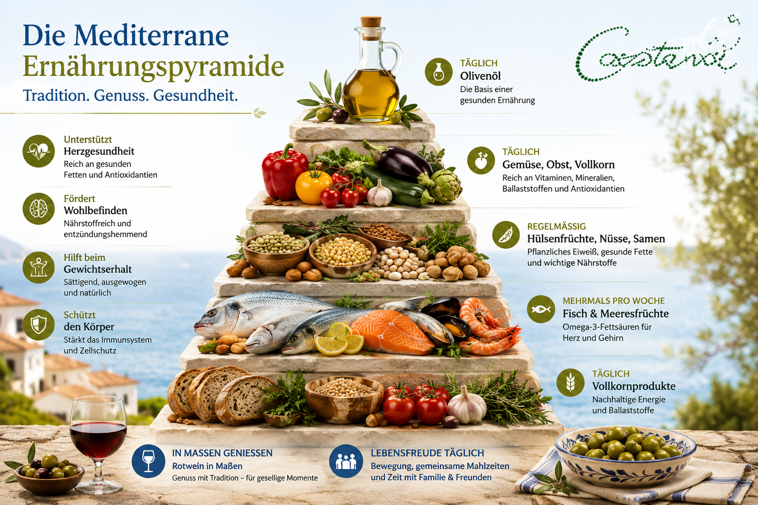 Bright infographic showing Mediterranean diet health pyramid with Spanish foods highlighted: olive oil at top, vegetables,
