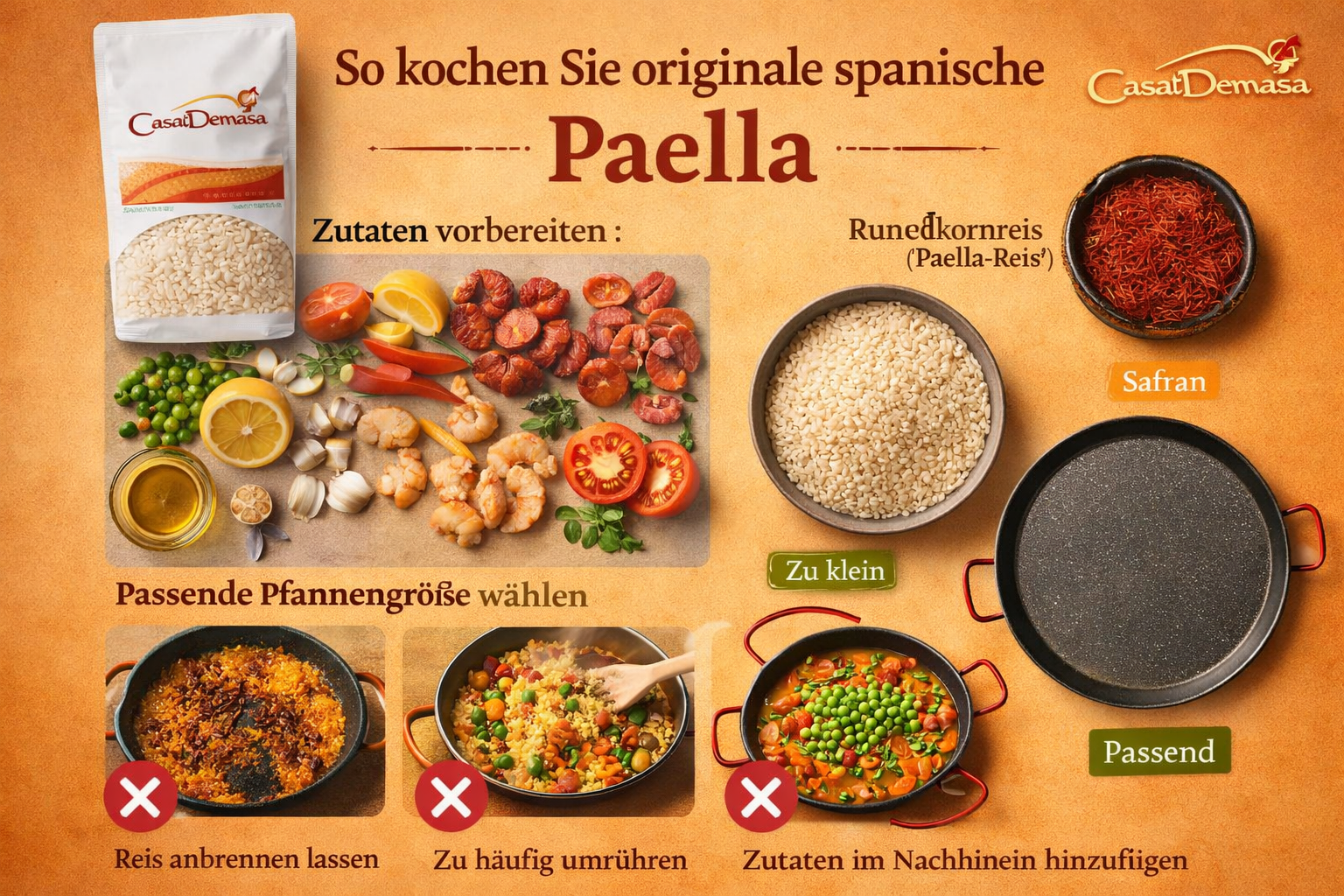 Step-by-step visual guide for cooking authentic Spanish paella: ingredients laid out flat, rice type shown, saffron