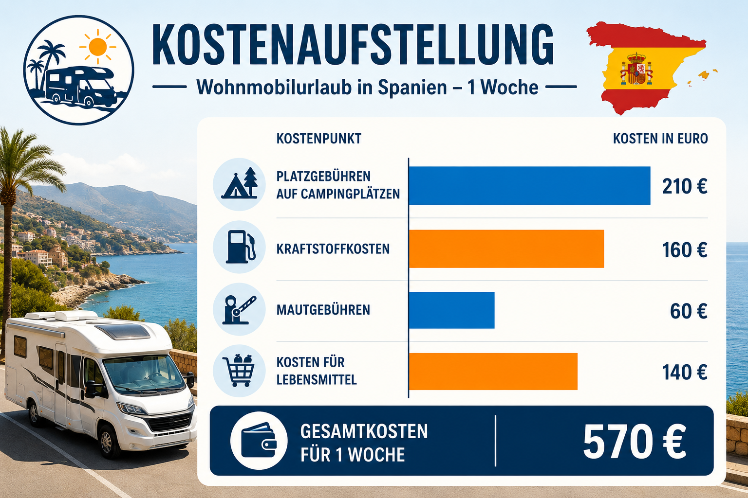 Cost breakdown infographic for a one-week motorhome holiday in Spain: campsite fees, fuel, tolls, food costs shown as