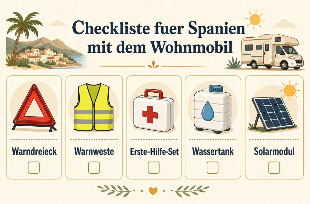 Checklist infographic for motorhome travel essentials in Spain: safety triangle, reflective vest, first aid kit, water tank,