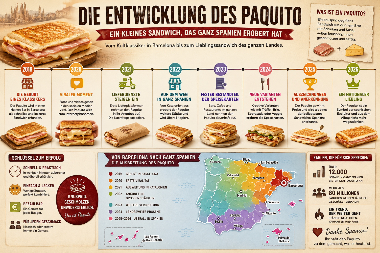 A detailed infographic showing the evolution of the Paquito sandwich from 2019 to 2026, with a timeline, key milestones, and