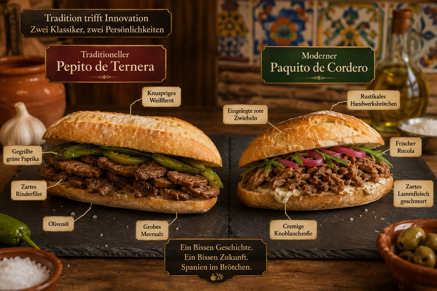 Side-by-side comparison photo of a traditional Pepito de ternera and a modern Paquito de cordero on a slate board, labeled