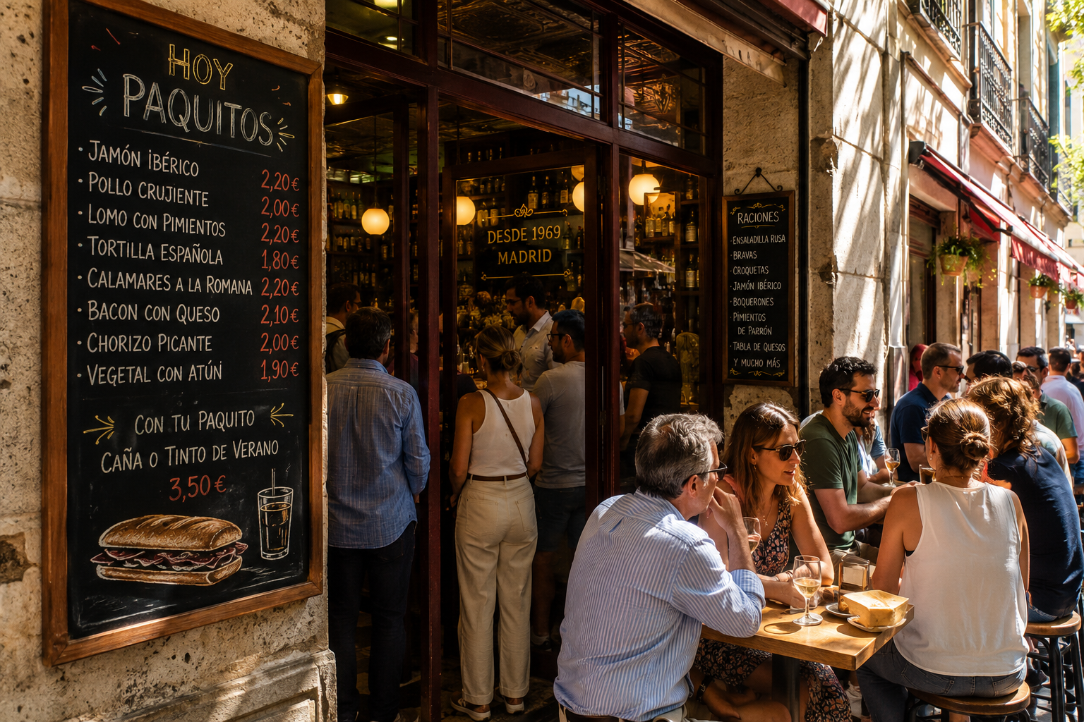 A street-level photo of a Madrid tapas bar with a chalkboard menu showing Paquito prices, busy lunch crowd, warm afternoon