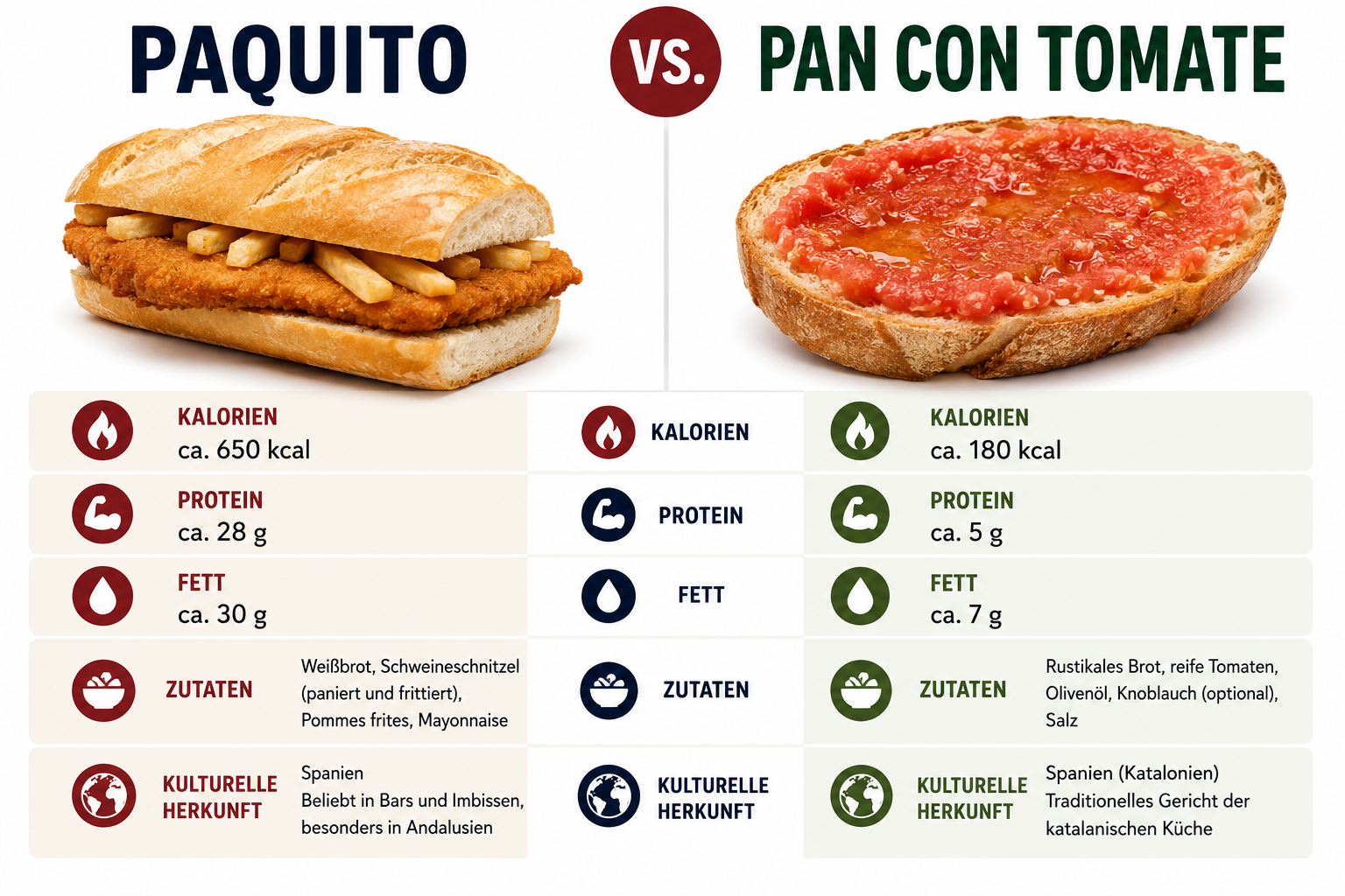 A comparison infographic: Paquito vs Pan con Tomate, showing calories, protein, fat, ingredients, and cultural origin side