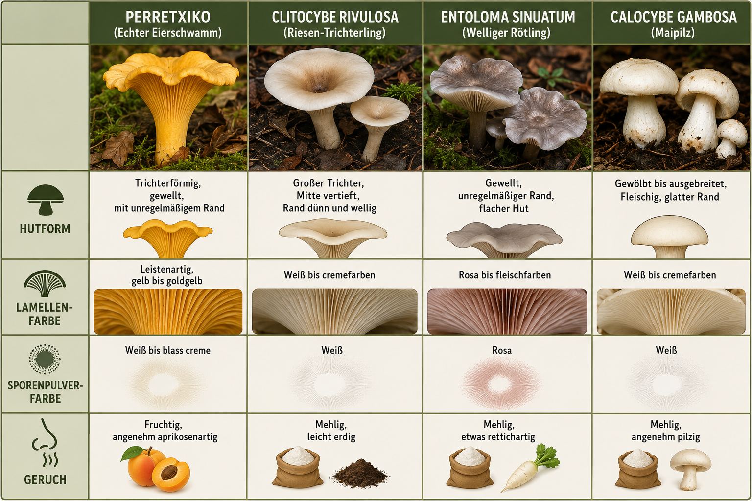 Side-by-side comparison infographic of Perretxiko vs. three lookalike mushrooms (Clitocybe rivulosa, Entoloma sinuatum,