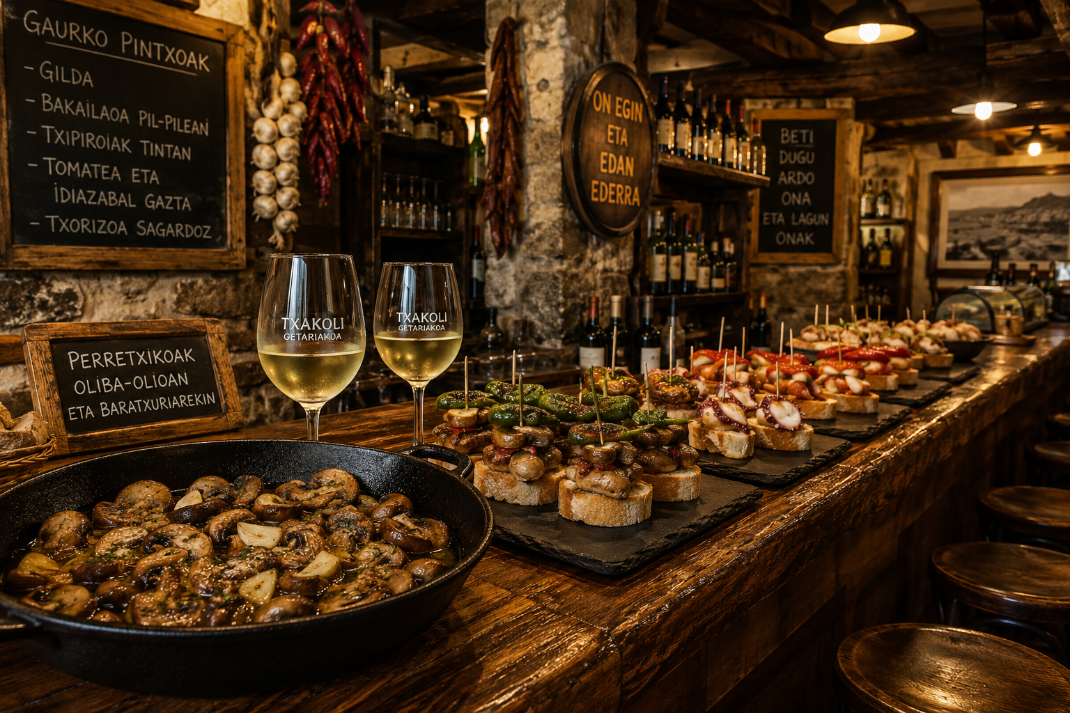 Rustic Basque tavern bar counter with pintxos displayed on slate boards, a cast-iron pan with sautéed Perretxiko mushrooms
