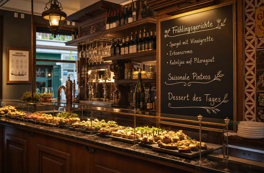 Interior photo of a perretxiCo taverna location in Madrid's Chamberí district, showing the bar area with seasonal pintxos,