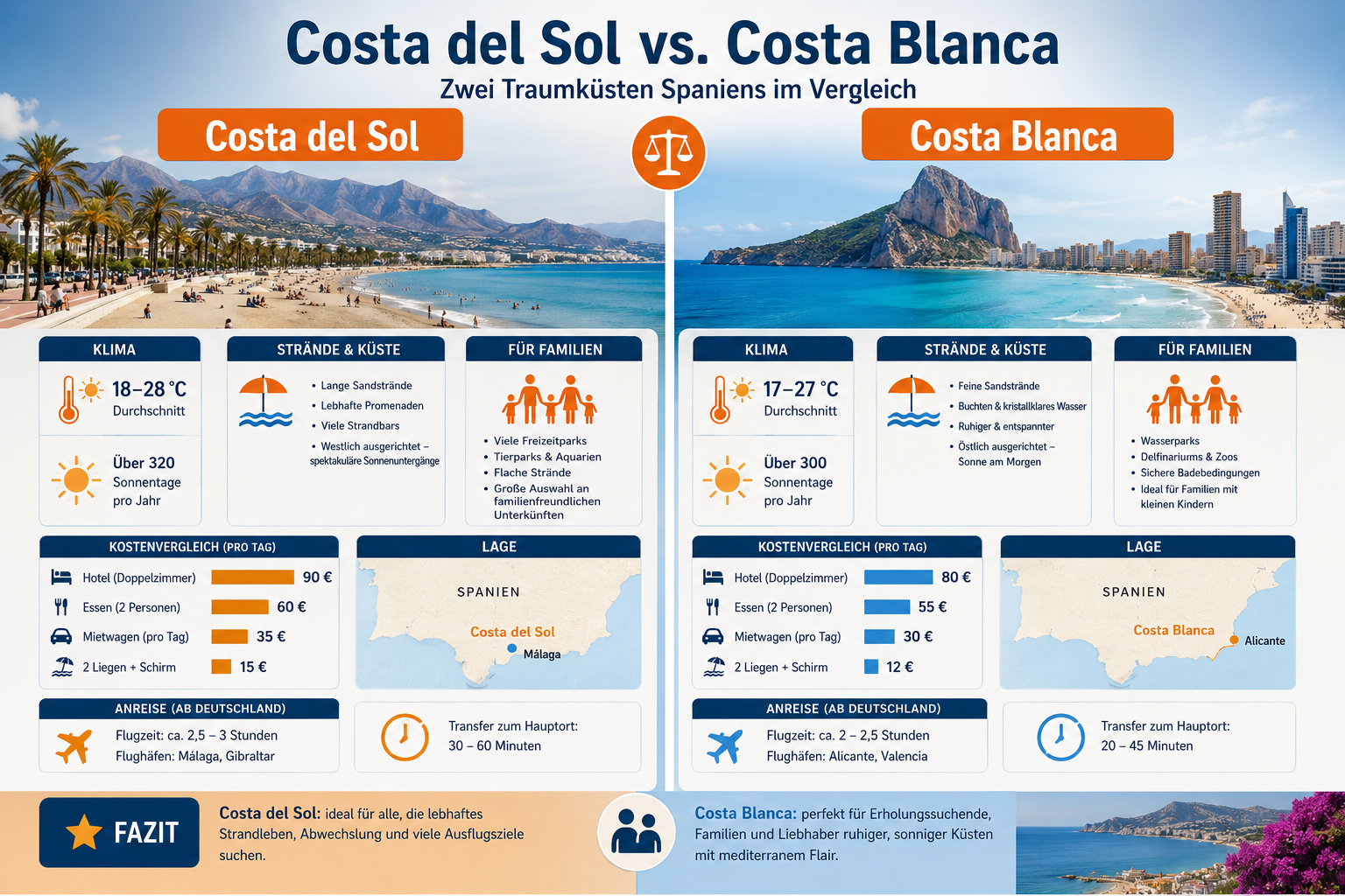 () detailed comparison infographic showing two Spanish coastal regions side by side, left side labeled 'Costa del Sol' with
