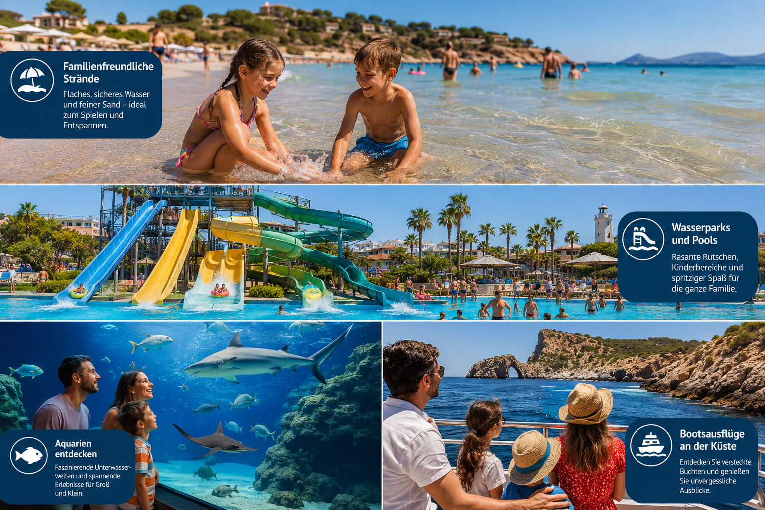 () editorial photo collage showing family-friendly beach activities at Spanish coast, top section shows shallow water beach