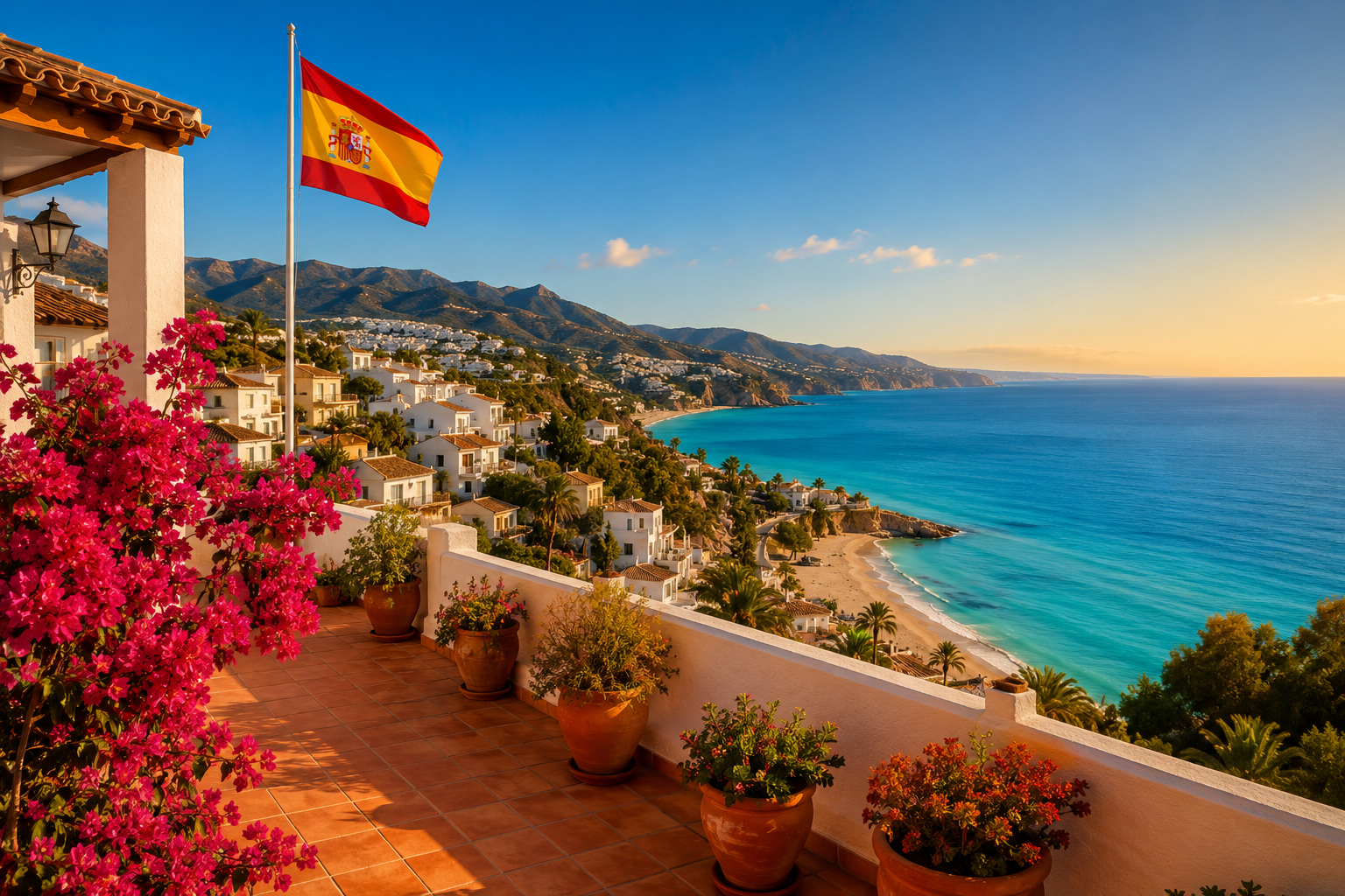 Professional () hero image showing a stunning panoramic view of the Costa Blanca coastline with white sandy beaches,