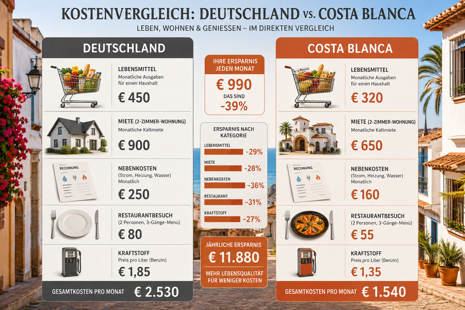 () detailed infographic showing a side-by-side cost comparison between Germany and Costa Blanca. Left column labeled