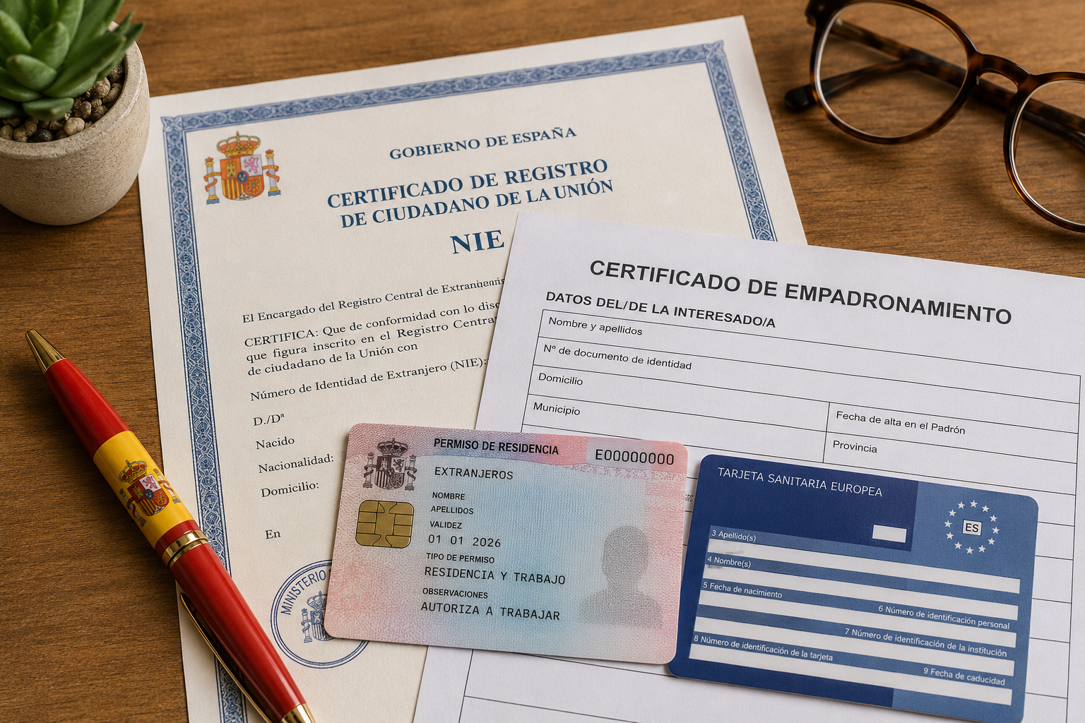 () editorial-style composition showing official Spanish documents spread on a wooden desk surface. Visible documents include