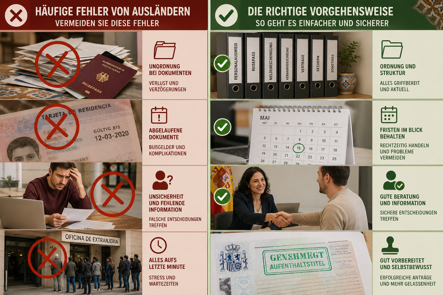 () split-screen composition showing common expat mistakes versus correct approaches. Left side in muted red tones shows