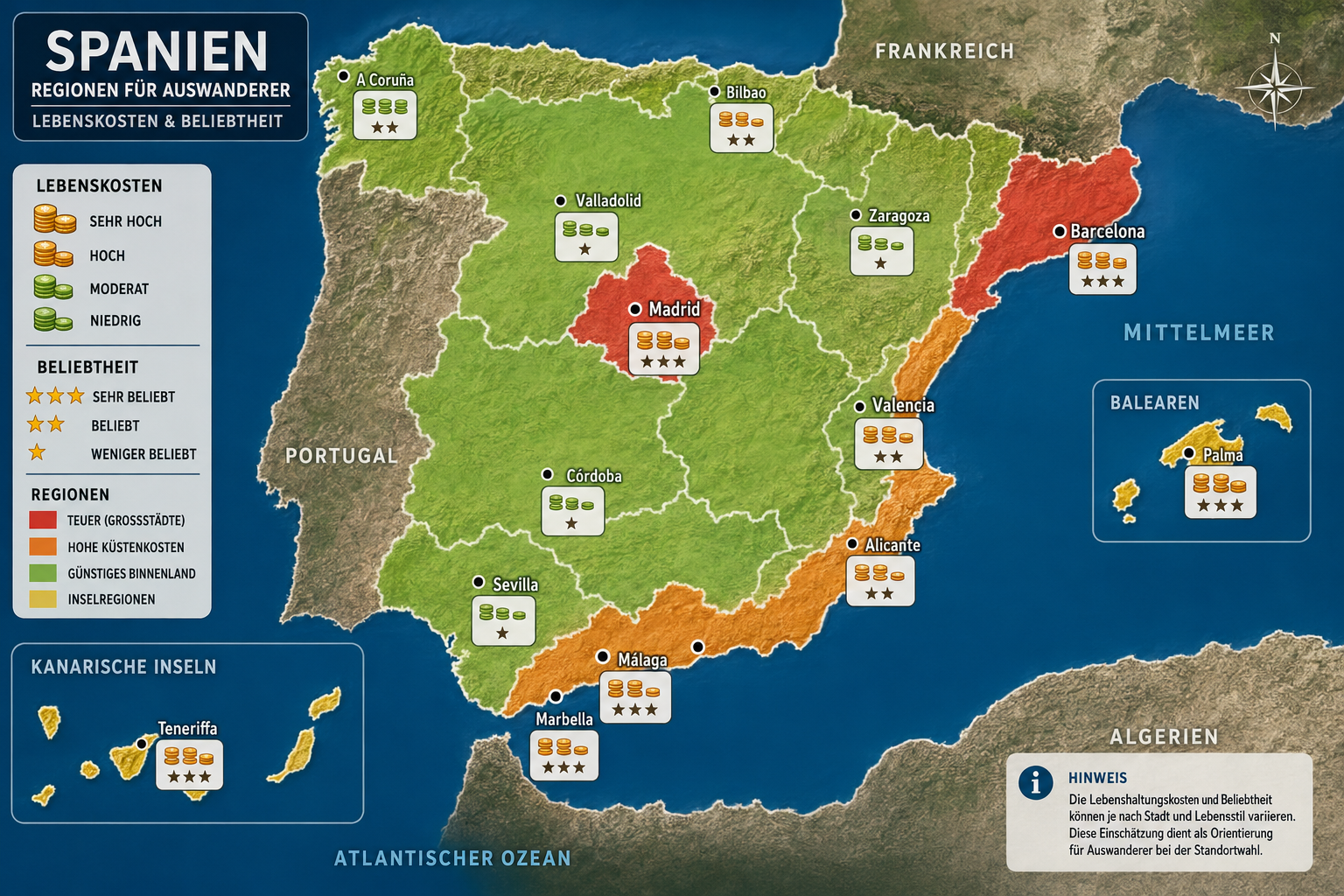 Querformat () zeigt illustrierte Karte von Spanien mit farblich markierten Regionen für Auswanderer, Costa del Sol in warmem
