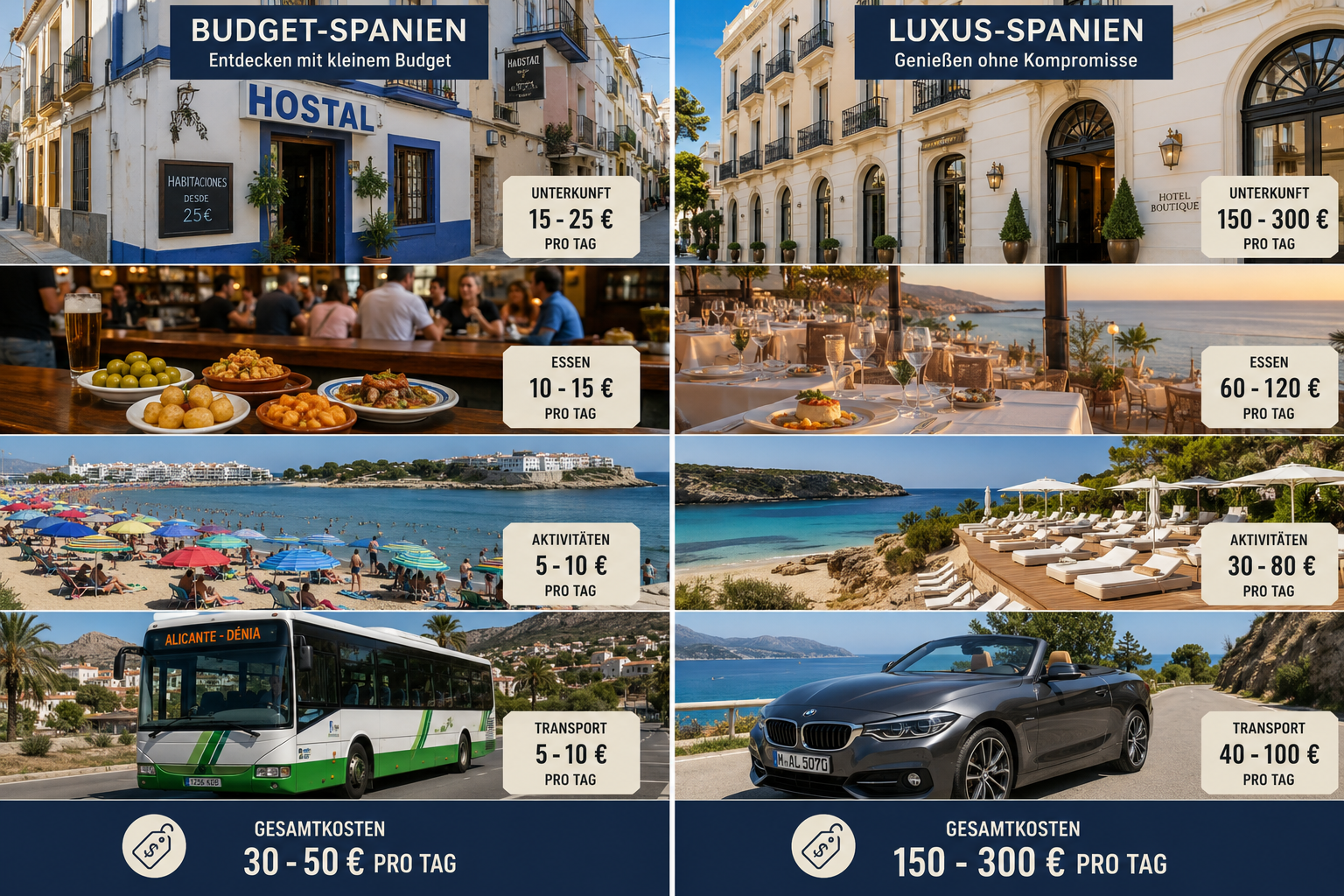 () split-screen comparison showing budget versus luxury Spanish vacation elements, left half displaying budget-friendly