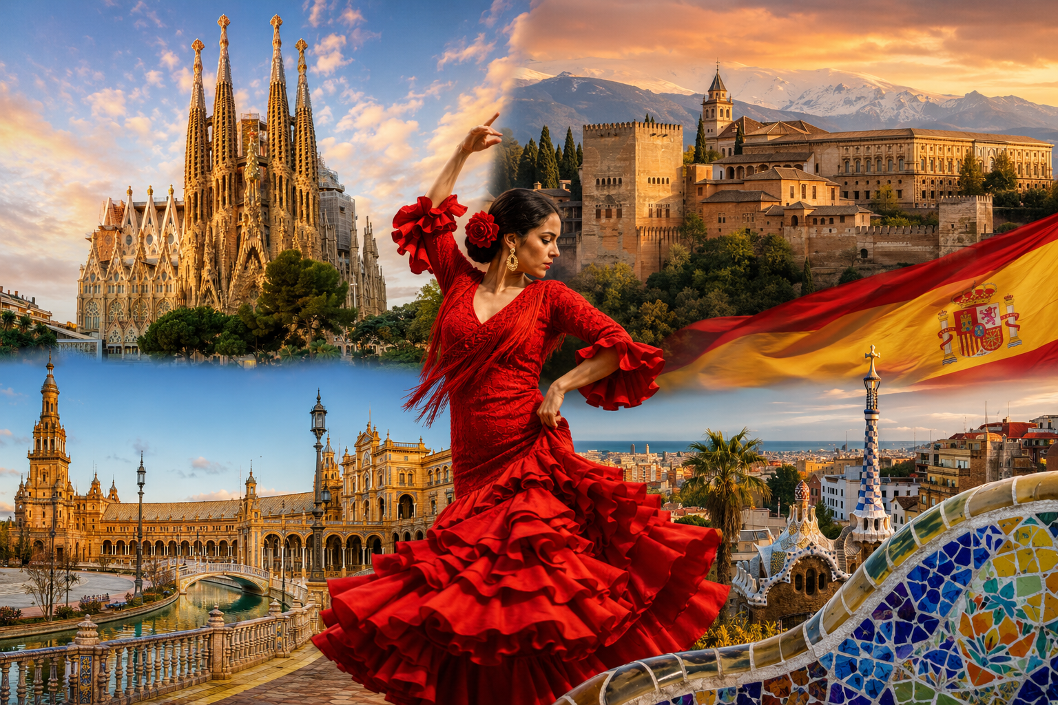 () vibrant collage-style image showing iconic Spanish landmarks and attractions, Sagrada Familia basilica with distinctive