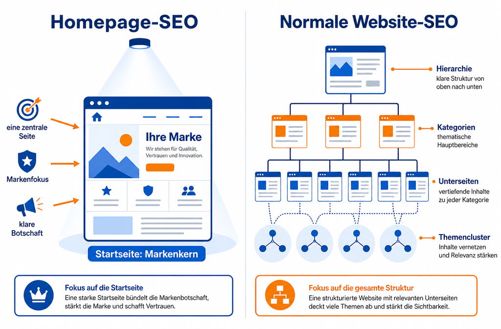 Querformat () Infografik-Illustration: Zwei Seiten nebeneinander zeigen den Unterschied zwischen 'Homepage SEO' und 'normale