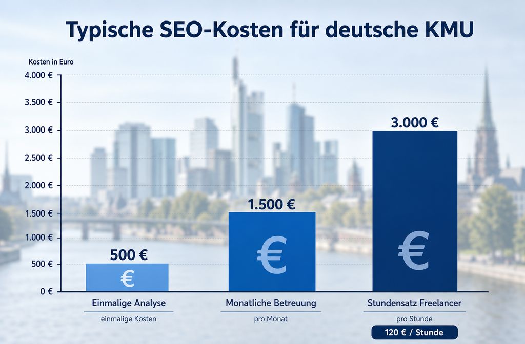 Querformat () Balkendiagramm-Visualisierung: Zeigt typische SEO-Kosten für deutsche KMU in Euro-Beträgen mit Beschriftungen