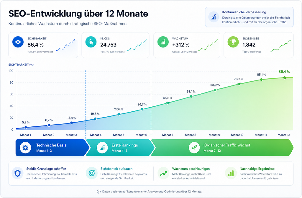 Querformat () Zeitstrahl-Visualisierung auf Deutsch: Horizontale Zeitachse zeigt SEO-Ergebnisse über 12 Monate. Monate 1-3