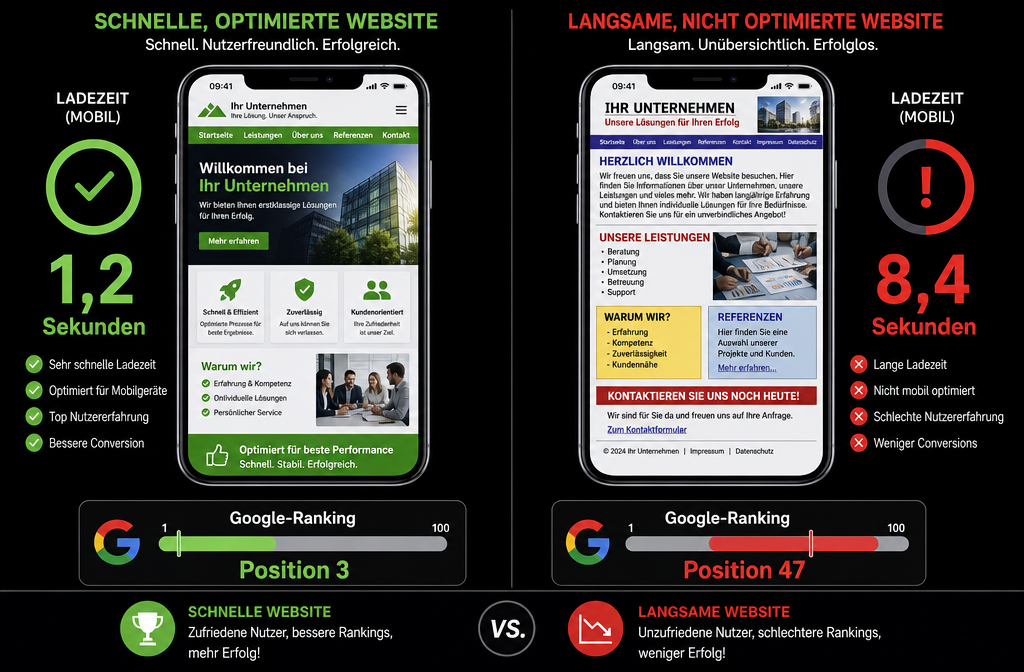Querformat () Split-Screen-Darstellung: Links zeigt ein Smartphone eine mobile-optimierte deutsche Homepage mit schneller
