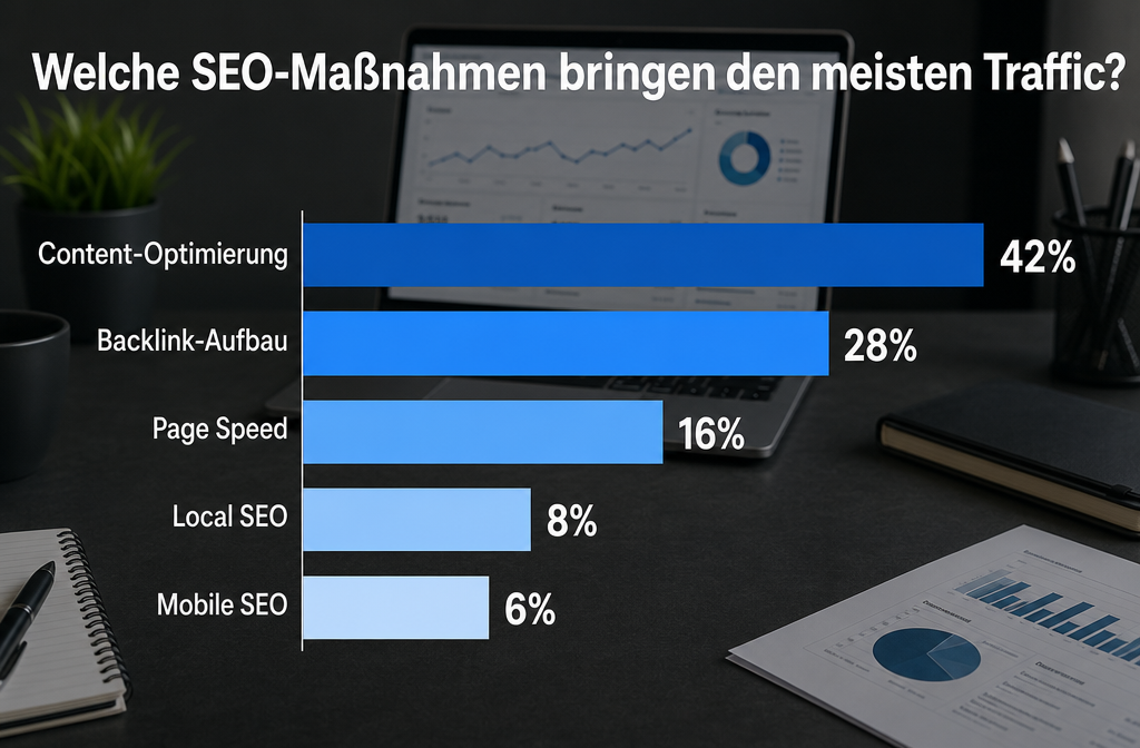 Querformat () Balkendiagramm-Darstellung: Horizontale Balken zeigen Traffic-Zuwachs für verschiedene SEO-Maßnahmen,