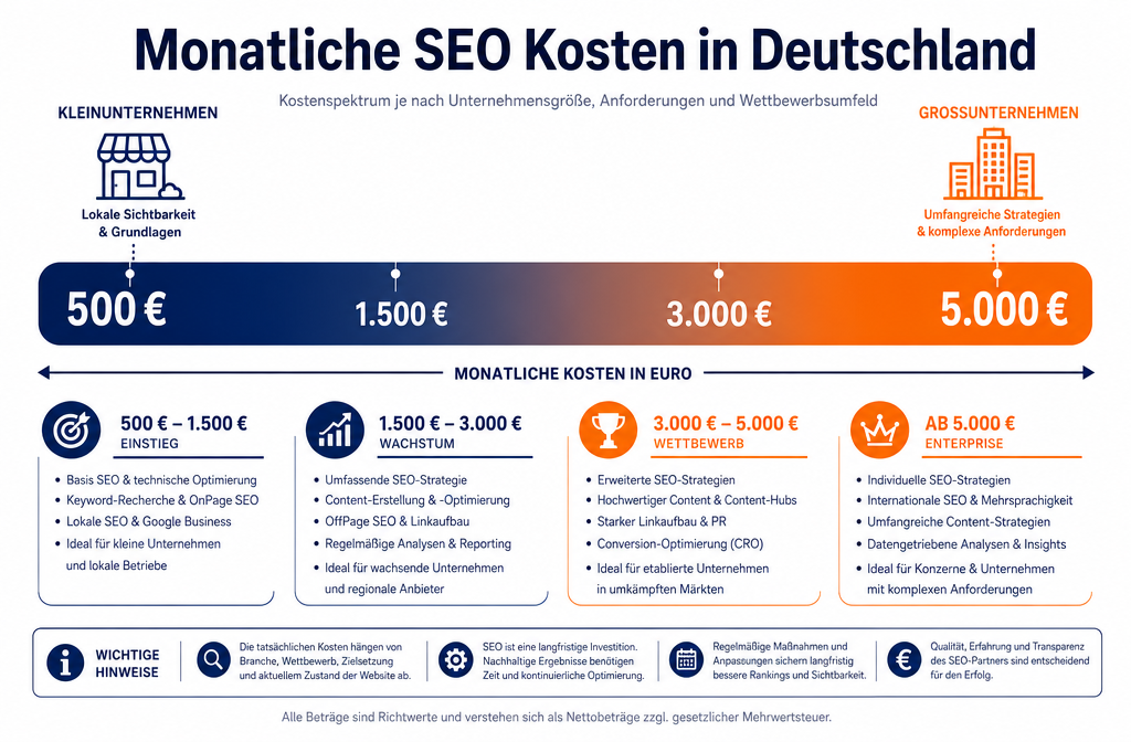 () infographic-style illustration showing a horizontal cost spectrum bar labeled 'Monatliche SEO Kosten in Deutschland'