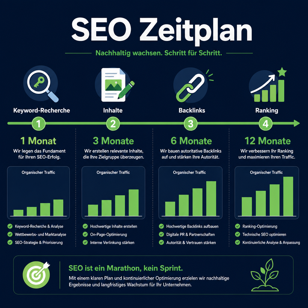 () flat-design infographic showing a timeline from left to right labeled 'SEO Zeitplan' with milestones at 1 Monat, 3