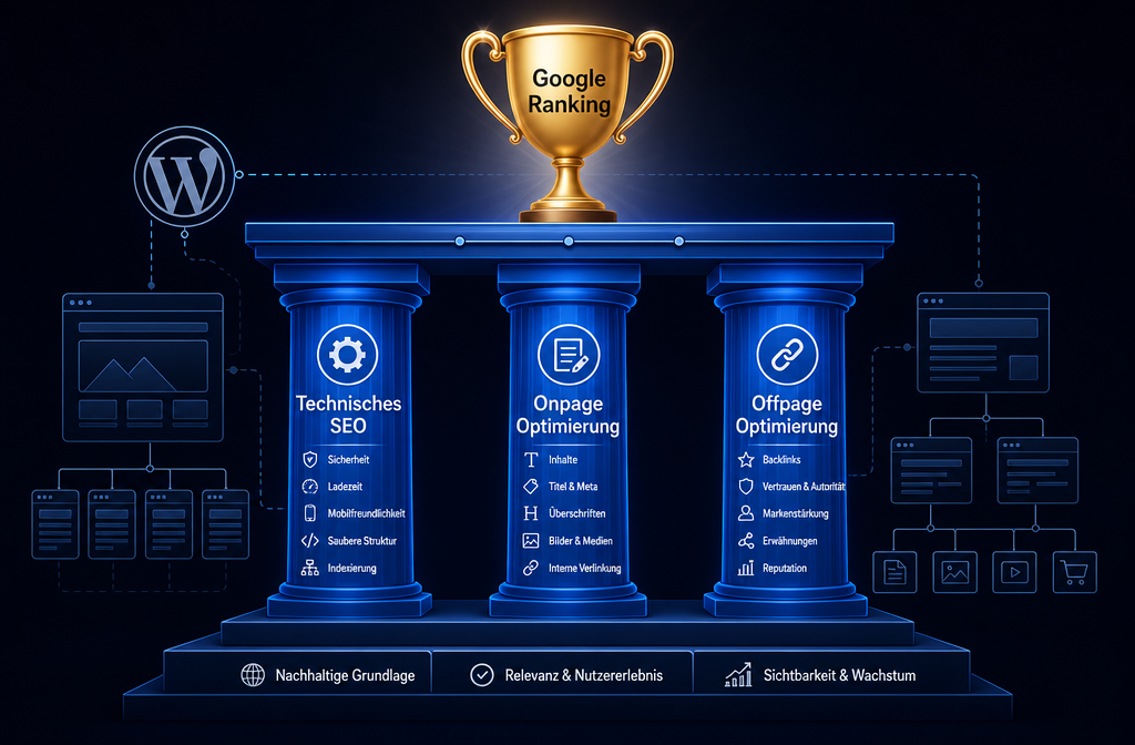 () infographic-style illustration showing a WordPress website structure diagram with labeled German text: 'Technisches SEO',