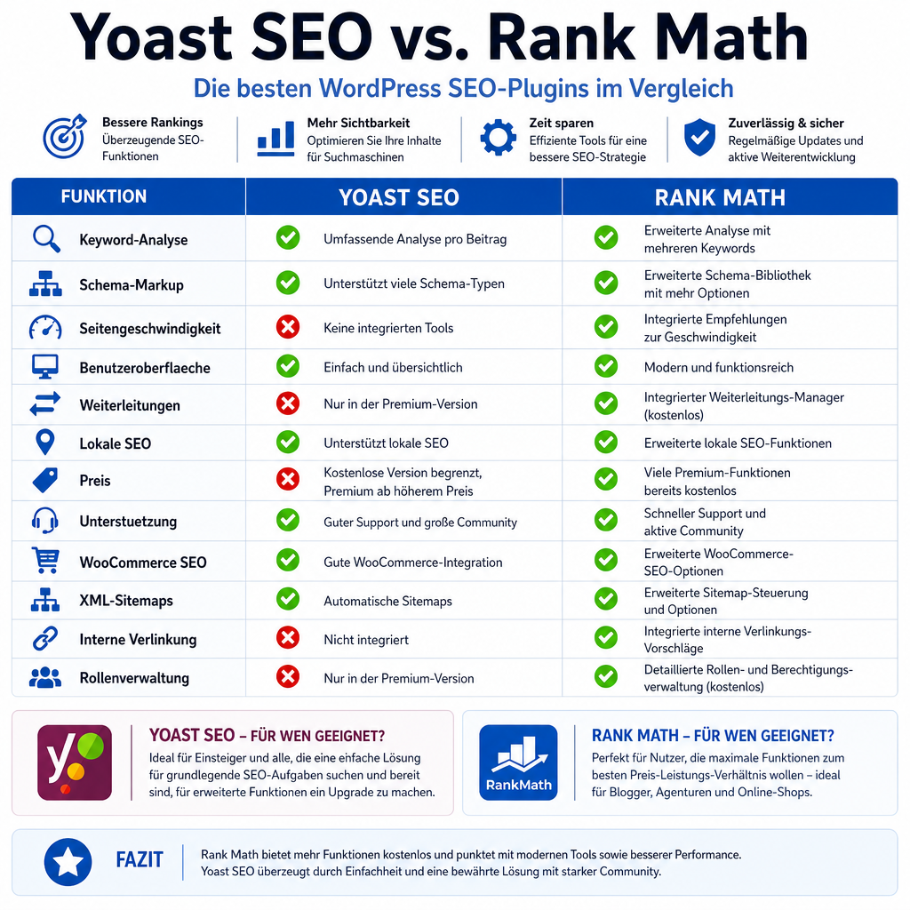 () comparison table visualization showing two WordPress SEO plugins side by side: 'Yoast SEO' versus 'Rank Math' with German