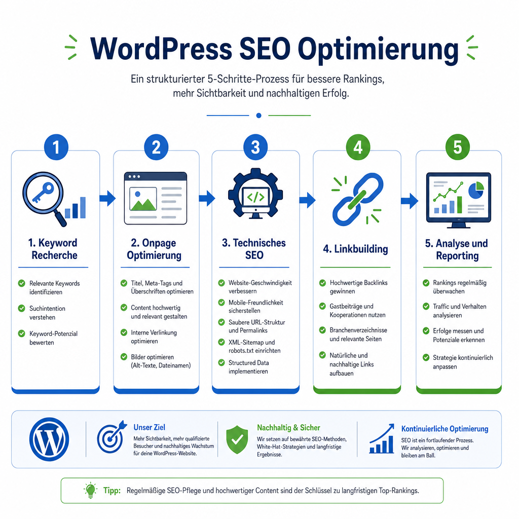 () step-by-step process graphic showing five numbered stages of WordPress SEO optimization labeled in German: '1. Keyword