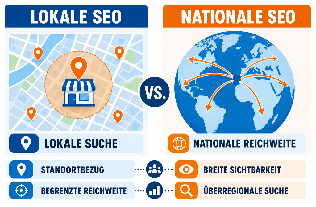 () infographic-style illustration showing the difference between lokale SEO und nationale SEO: two side-by-side columns,