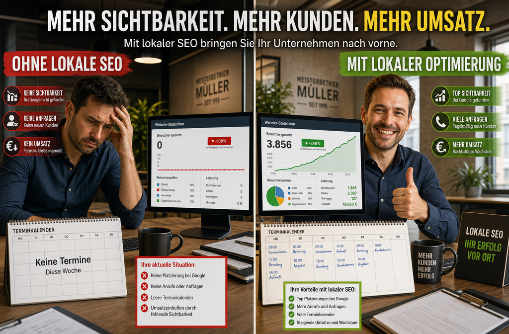 () showing a split-screen comparison: left side a frustrated business owner at a desk with empty calendar and zero-traffic