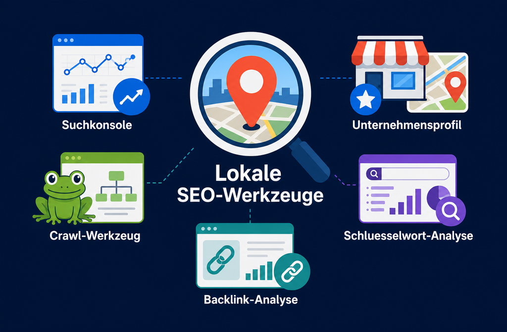 () showing a toolbox concept for lokale SEO Tools: flat-design icons for Google Search Console, Google My Business,