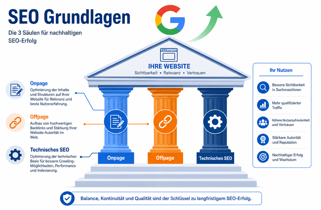Querformat () Infografik-Illustration: Drei Säulen mit deutschen Beschriftungen 'Onpage', 'Offpage', 'Technisches SEO' als