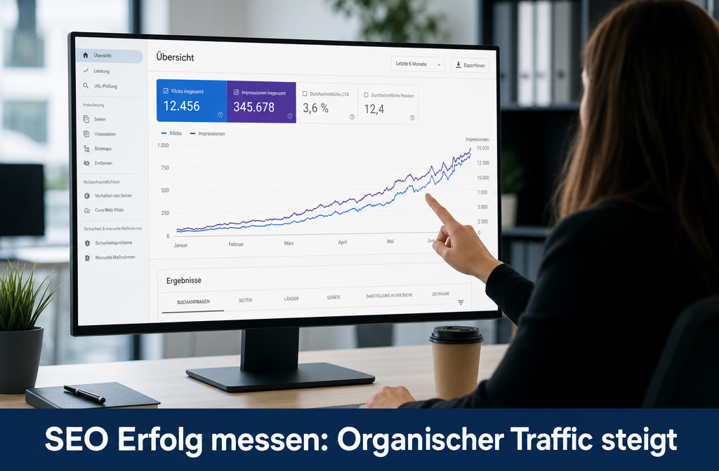 Querformat () Google Search Console Dashboard auf einem großen Monitor, sichtbare deutsche Klick- und Impressionskurven mit