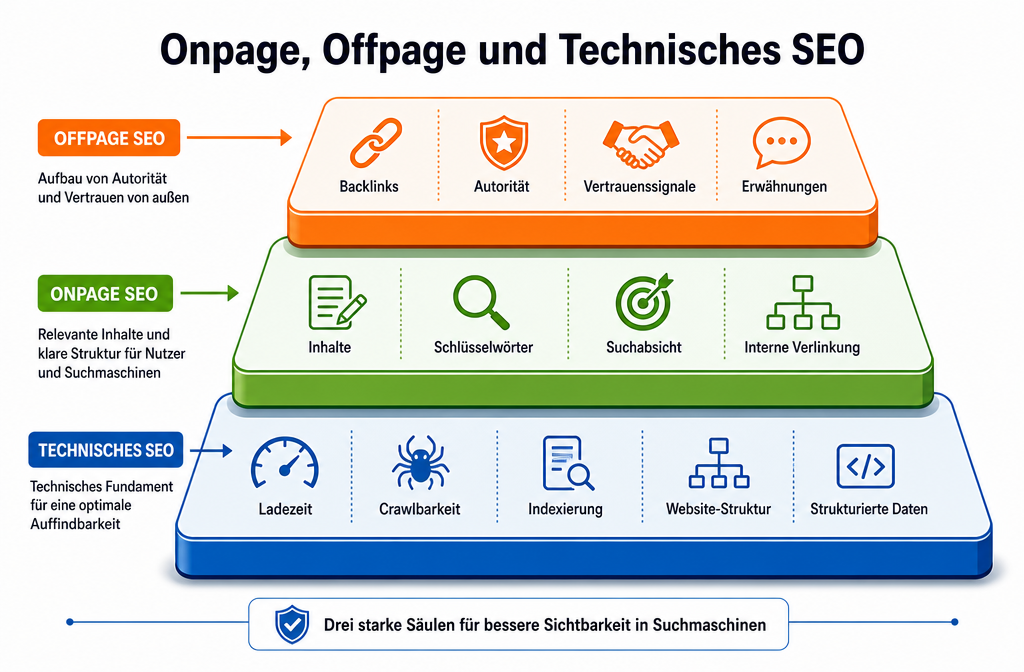 () infographic-style illustration showing a layered website architecture diagram labeled 'Onpage, Offpage und Technisches