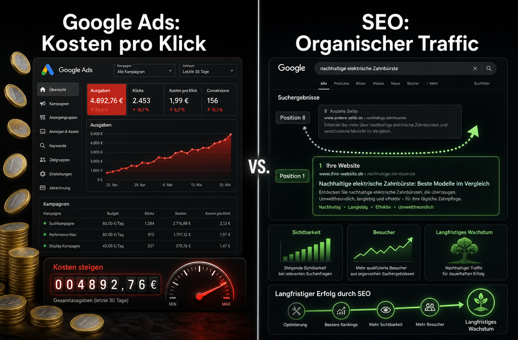 () split-screen comparison image: left side shows a Google Ads dashboard with euro coins and a running cost meter ticking