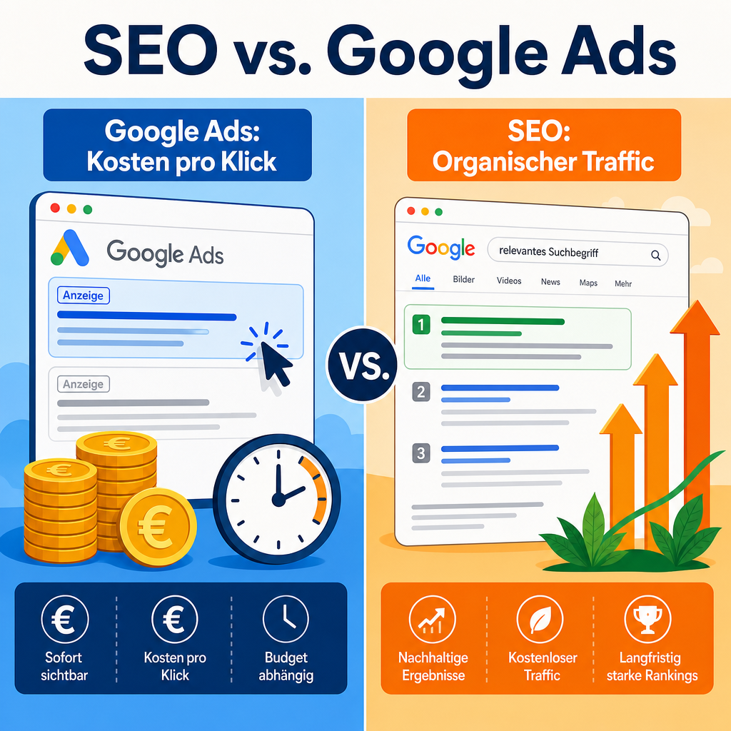 () side-by-side comparison visual: left panel shows Google Ads interface with euro coins and a running clock labeled 'Google