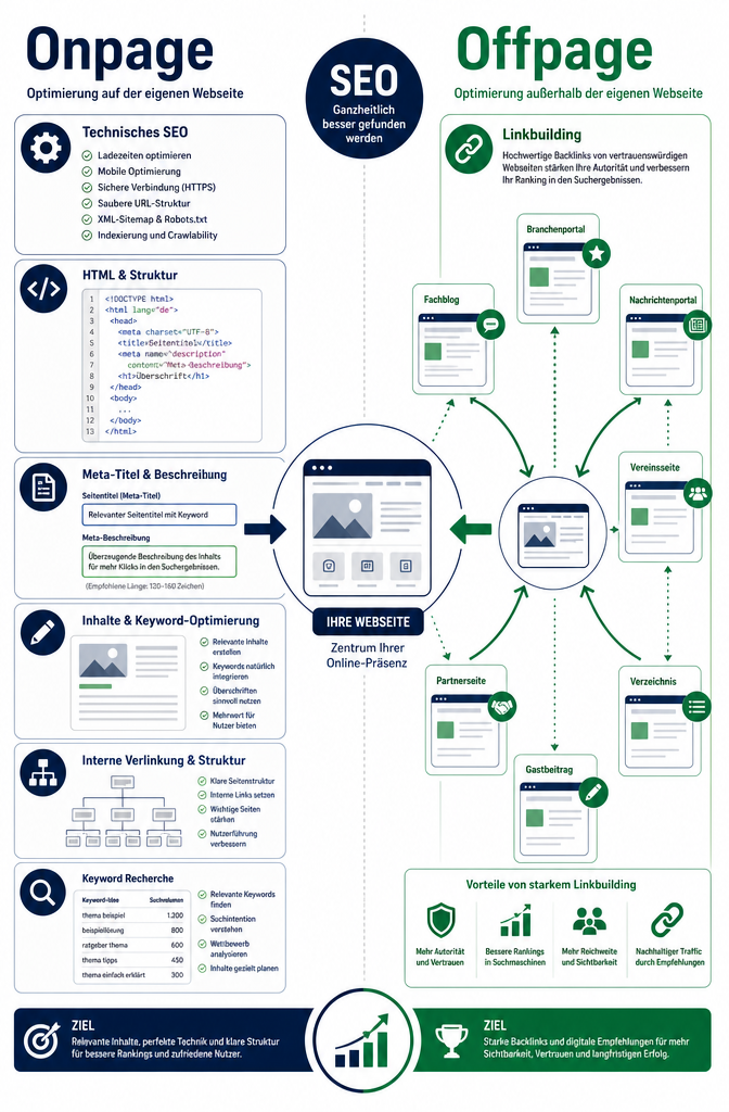 () infographic-style illustration showing the anatomy of Suchmaschinenoptimierung: a split diagram with 'Onpage' on the left