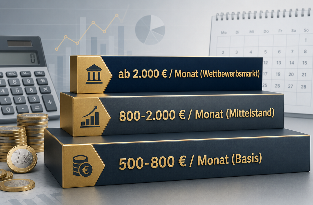 Querformat () Kostenübersicht als visuelles Schaubild: Drei Preisstufen als Treppenstufen dargestellt mit deutschen Labels