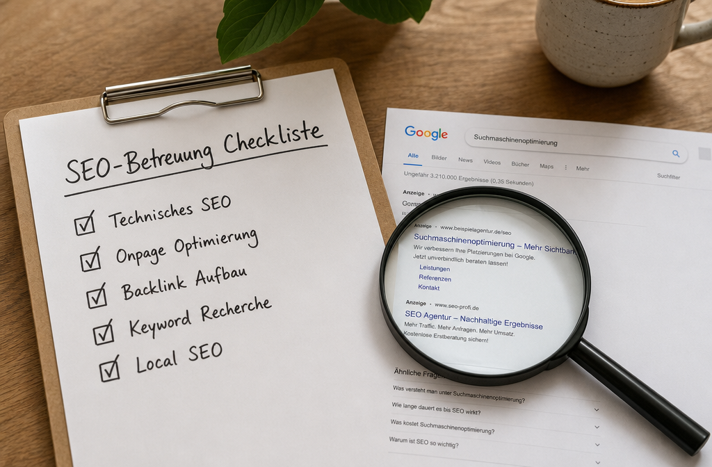 Querformat () Checkliste als visuelles Element: Klemmbrett mit handschriftlich wirkender Liste 'SEO-Betreuung Checkliste'