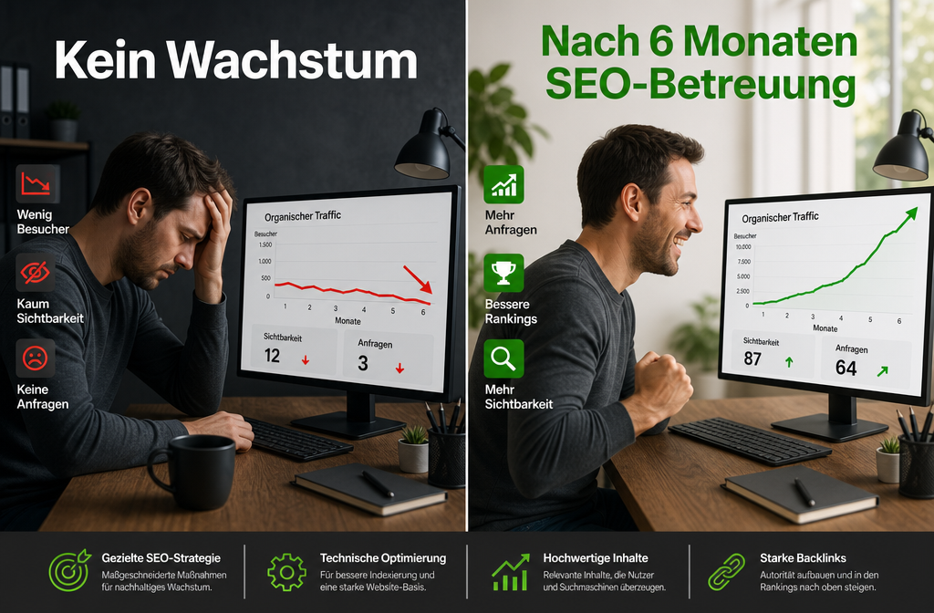 Querformat () Split-Screen-Komposition: Links ein frustrierter Websitebetreiber vor einem Bildschirm mit flacher