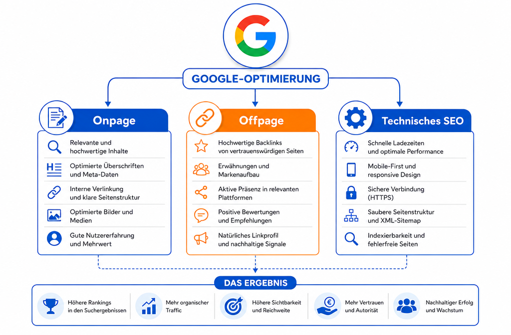 Querformat () Infografik-Illustration: Schematische Darstellung der Google-Optimierung mit beschrifteten Pfeilen auf