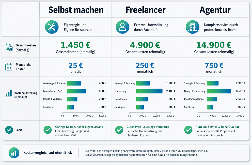 Querformat () Kostenvergleich-Tabelle als visuelle Infografik auf Deutsch: Drei Spalten mit Überschriften 'Selbst machen',