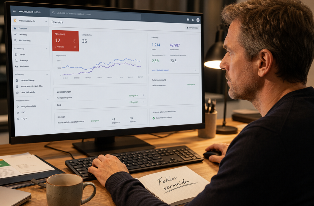 Querformat () Nahaufnahme eines deutschen Unternehmers am Schreibtisch, der auf einen Monitor mit Google Search Console